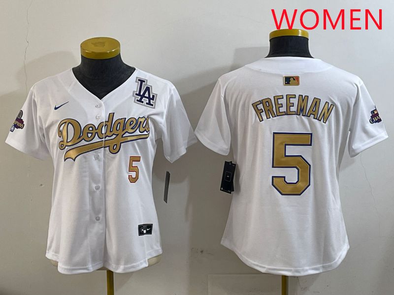 Women Los Angeles Dodgers #5 Freeman White Champion gold character 2025 Nike MLB Jersey style 1->women mlb jersey->Women Jersey
